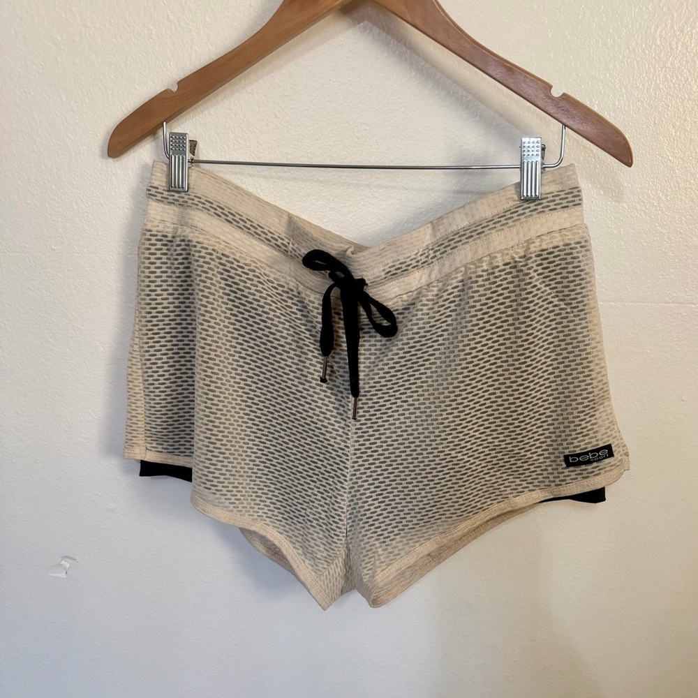Bebe Beige Mesh Shorts with Black Tie